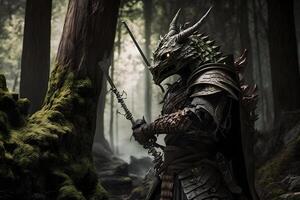 fantasia Drago samurai nel il foresta. neurale Rete ai generato arte foto