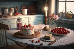 torta e dolci su il tavolo nel il cucina. neurale Rete ai generato foto