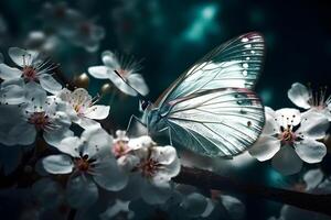 fioritura sakura. ramo di fioritura sakura e luminosa blu morfo la farfalla. neurale Rete ai generato foto