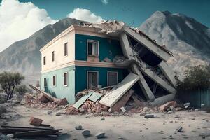 rovinato Casa dopo il terremoto. neurale Rete ai generato foto