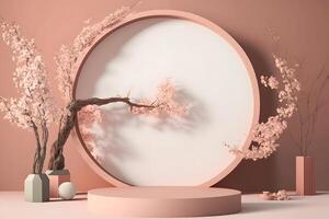 fresco lussureggiante rosa sakura fiori su ramo con podio modello nel morbido luce. neurale Rete ai generato foto