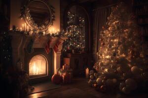 bellissimo accogliente Natale interno con un' il camino. neurale Rete ai generato foto