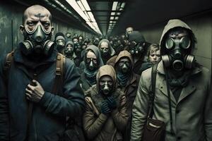 folla di persone nel uniforme e gas maschera. concetto di radiazione e virus, ambientale inquinamento. neurale Rete ai generato foto