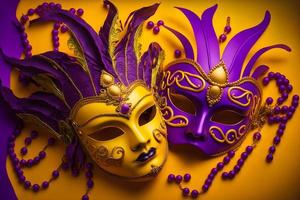 gruppo di veneziano mardi gras maschera o travestimento su un' colorato luminosa sfondo. neurale Rete generato arte foto