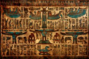 antico egiziano disegni e geroglifici su il parete nel il tempio. neurale Rete ai generato foto