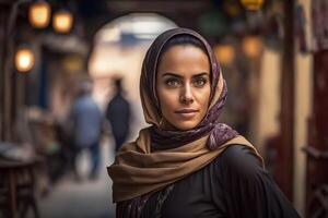 ritratto di giovane musulmano donna indossare hijab testa. neurale Rete ai generato foto