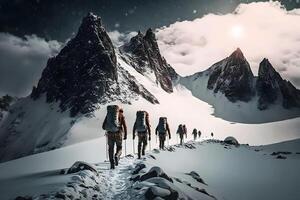 gruppo di turisti nel inverno nel il montagne. lavoro di squadra concetto. neurale Rete ai generato foto