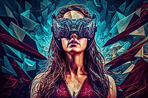 futuristico donna indossare virtuale la realtà occhiali. neurale Rete ai generato foto