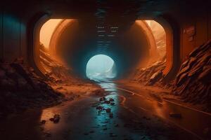post-apocalittico tunnel dopo pioggia con arancia radioattivo polvere. neurale Rete ai generato foto