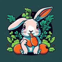 carino coniglio mordere carota cartone animato. icona illustrazione. animale natura icona concetto isolato . piatto cartone animato stile. generativo ai foto
