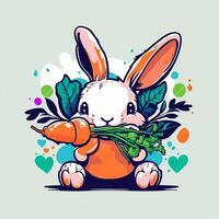 carino coniglio mordere carota cartone animato. icona illustrazione. animale natura icona concetto isolato . piatto cartone animato stile. generativo ai foto