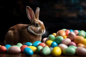 Pasqua coniglietto con caramella e cioccolato uova nel il sfondo. ai generato foto