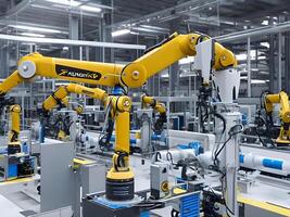 moderno alto Tech industriale robotica braccio su il fabbrica produzione linea produzione linea è essere saldato. generativo ai. foto