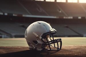 americano calcio casco su stadio campo sfondo. ai generato foto