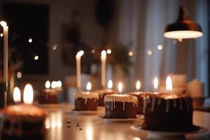 sfocato sfondo cenare camera con compleanno torta e candele ai generato foto