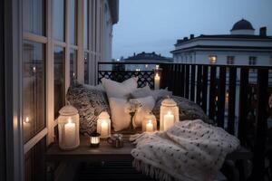 balcone design carino cuscini decorativo candele e illuminazione con com e tavolo poltrone ai generato foto