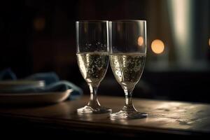 Due Champagne bicchieri su tavolo. ai generato foto