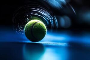 tennis palla nel movimento sfocatura su blu Tribunale. ai generato foto