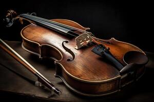 un' Vintage ▾ di legno violino produce un isolato sinfonia di musicale arte e suono. ai generato foto