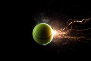 un' tennis palla colpire a alto velocità con fulmine energia e un' luminosa sfondo Immagine. ai generato foto