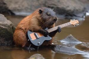 suonare la chitarra castoro con un epico roccia persona. ai generato foto