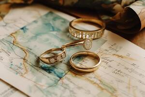 Due oro nozze anelli mano disegnato acquerello nozze anelli nozze carta geografica inviti e carte. ai generato foto