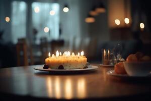 torta con candele nel sfocato cenare camera sfondo ai generato foto