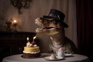 compleanno festa ritratto di t rex con cappello e torta ai generato foto
