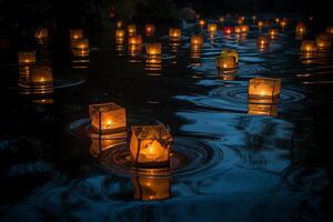 galleggiante lanterne nel buio acqua ai generato foto