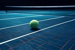 blu tennis Tribunale con 3d interpretazione di un' tennis palla su il linea. ai generato foto