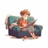 carino giovane ragazzo leggere un' libro su il divano generativo ai foto