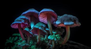 colorato funghi in crescita su nero sfondo generativo ai foto