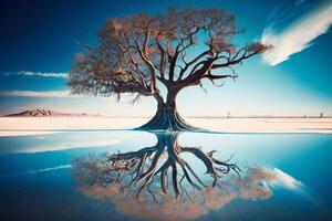 Visualizza di albero di vita riflessa nel acqua generativo ai foto