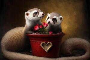illustrazione di Due furetti nel amore su un' vaso con fiori, San Valentino giorno ai generato foto