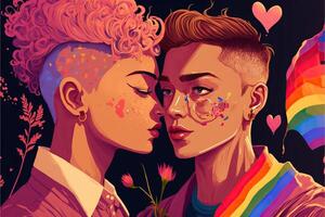 colorato lgbtq plus coppia con arcobaleno bandiera su San Valentino giorno illustrazione ai generato foto