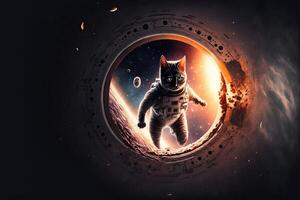 un' spazio gatto con un' spazio completo da uomo entrata nel un' luminoso navicella spaziale buco con pianeti e stella nel sfondo llustration ai generato foto