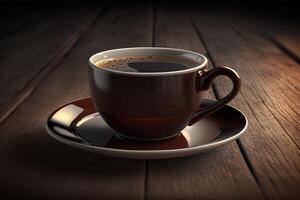 illustrazione di un italiano poco tazza di caffè espresso caffè su un' di legno tavolo, ai generato foto