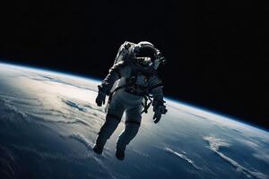un astronauta nel un' tuta spaziale mosche nel esterno spazio vicino il orbita di il pianeta terra, generativo ai. foto