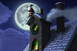 Santa Claus su il tetto di il Casa vicino il camino su Natale notte, generativo ai. foto