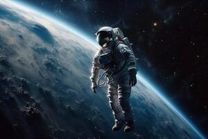 orbita di il pianeta terra, un astronauta nel un' tuta spaziale volante nel spazio su il sfondo di il terra, generativo ai. foto
