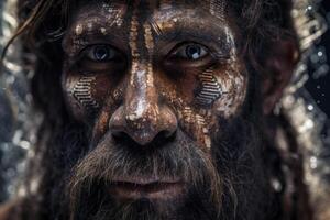 ritratto di preistorico uomo su buio sfondo. generativo ai foto