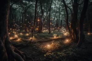 fantasia magico foresta con raggiante luci. generativo ai foto