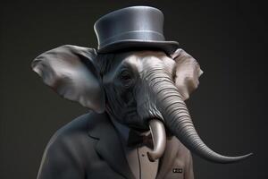 signore capo elefante con un' tronco e grande orecchie indossare un' cappello, completo da uomo e legare. bandiera intestazione. ai generato. foto