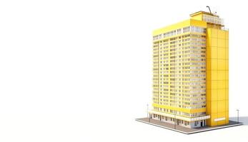 moderno grattacielo giallo urbano Casa con solare pannelli su il tetto su un' bianca sfondo, isolato. ai generato. foto