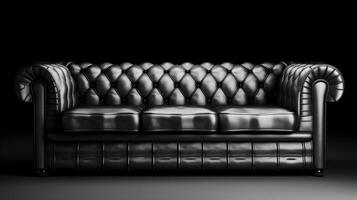 Chesterfield divano fatto di nero pelle su un' buio sfondo, isolato. ai generato. foto