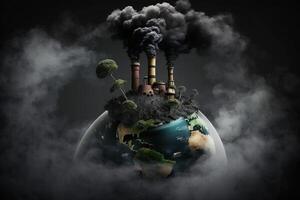 Salva pianeta, Fumo a partire dal camino su globo, nero sfondo, isolato. ai generato. foto