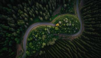 aereo superiore Visualizza di asfalto strada attraverso verde foresta, salutare pioggia foresta, ambiente, Salute, verde economia, Visualizza di natura ecosistema per Salva terra con generativo ai. foto