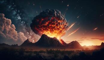 aereo Visualizza di meteora o asteroidi ardente su su il cielo e intestazione per il pianeta sfondo, tiro stella fuoco quello entrata attraverso ozono atmosfera scena, con generativo ai. foto