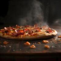 fette di peperoni Pizza su nero sfondo. tonica. foto