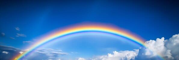 arcobaleno su blu cielo sfondo, bellissimo arcobaleno nuvoloso cielo dopo pioggia. generativo ai foto